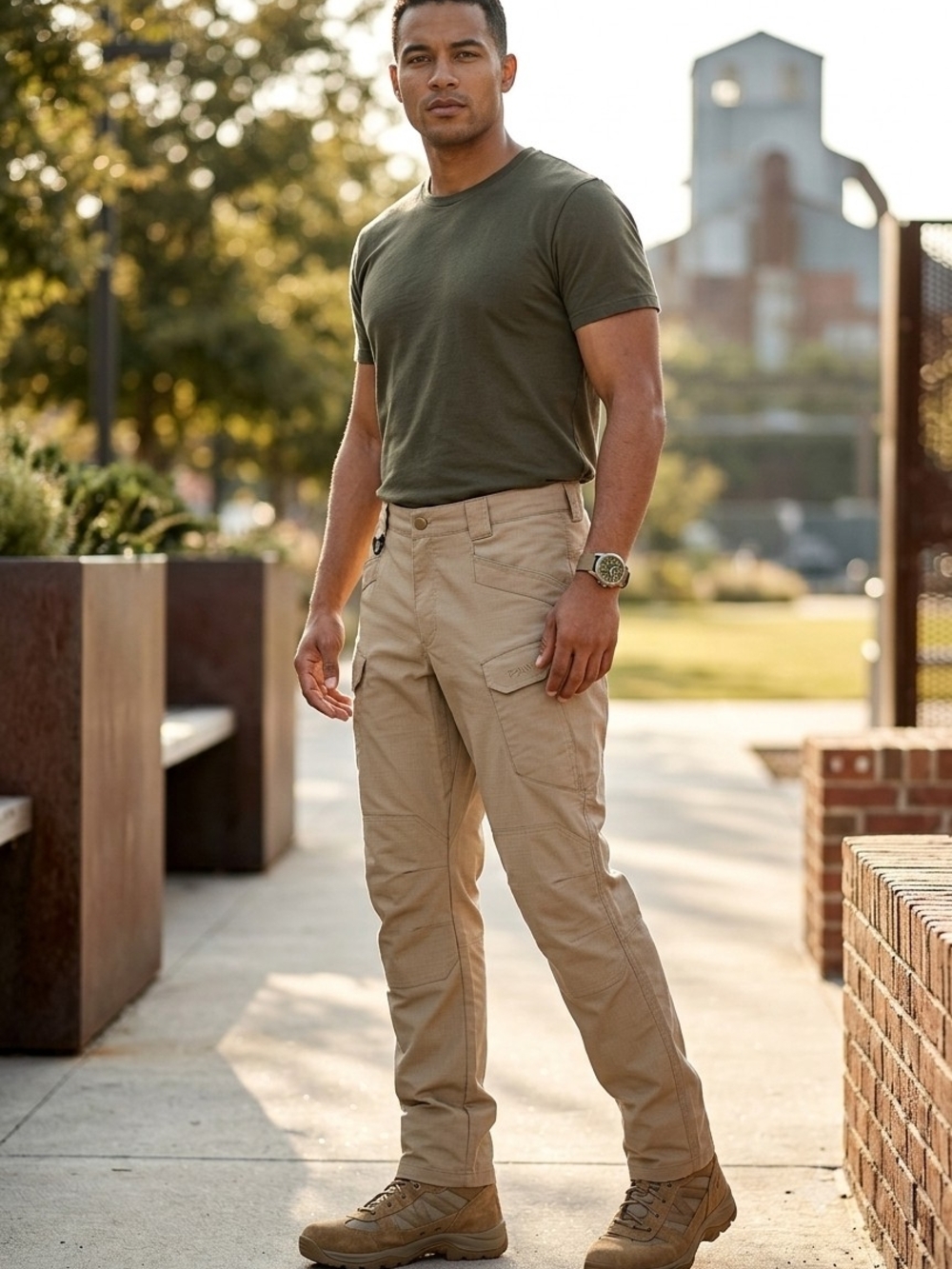 Beige Ripstop Cargo Pants Men’s L 36" Waist Elastic Straight Leg Poly/Cotton